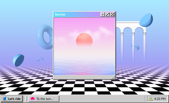 Vaporwave abstract background with OS window with sunrise and interface, surreal shapes and colonnade with arches