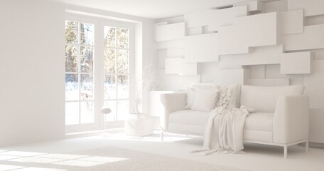 White stylish minimalist room in grey color with sofa and winter landscape in window. Scandinavian interior design. 3D illustration