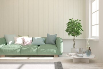 White stylish minimalist room with sofa. Scandinavian interior design. 3D illustration