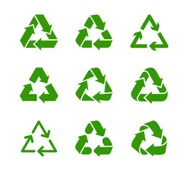 Waste recycling and environmental protection sign. Green triangle of three arrows on white background. Vector icon set.