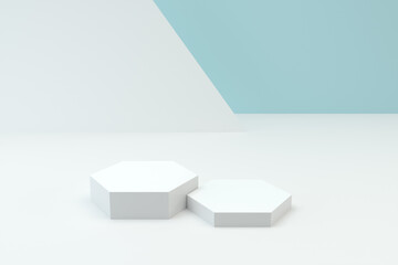 Empty hexagon showcase, product presentation background, 3d rendering.