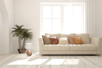 White stylish minimalist room with sofa. Scandinavian interior design. 3D illustration