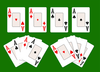 Four classic card aces of different suits on a green casino table