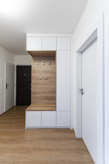 Modern hall with white and wooden wardrobe 