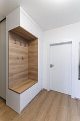 Modern hall with white and wooden wardrobe 