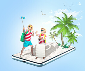 Two brothers are going on a trip.They travel in hot countries, swim, relax.	on a smartphone screen. Travel and vacation concept.Fun.