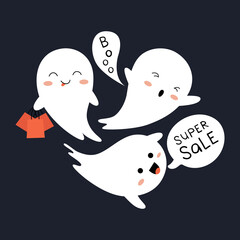 Sale Halloween banner with Cute Ghost. Cute halloween screaming super sale, ghost holds shopping bags, ghost screaming boo. Template for banner, brochure, poster for helloween