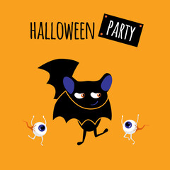 Invitation for Halloween party with mysterious dancing bat and cute eyes. Invitation template, banner, brochure for Halloween party