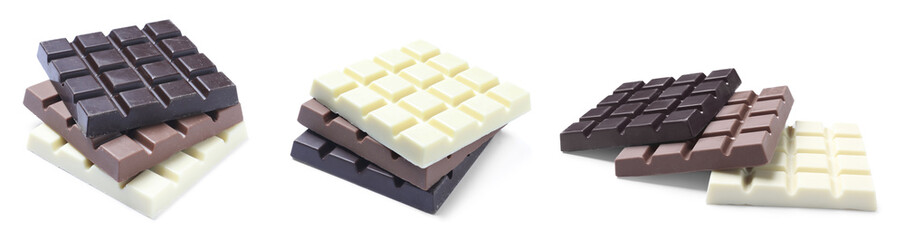 Set with different chocolate bars on white background. Banner design