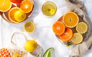 Citrus fruits such as lemon, orange, tangerine. Vitamins, food to strengthen the immune system. Copy space.