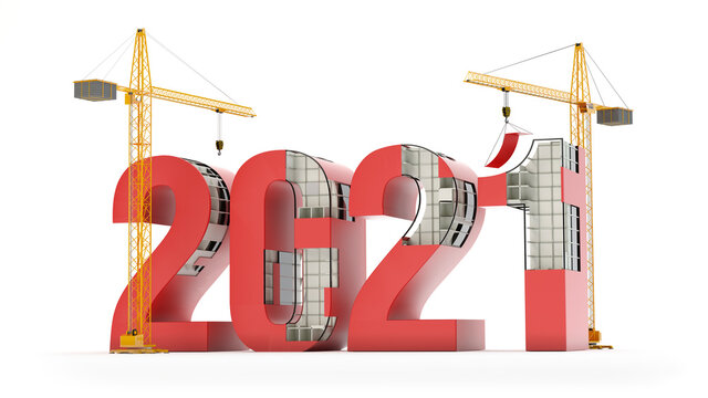 New Year 2021 and cranes, construction concept, 3D illustration