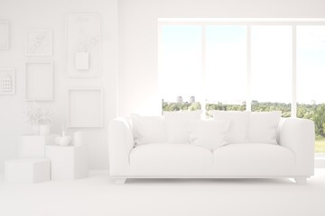 Stylish room in white color with sofa and green landscape in window. Scandinavian interior design. 3D illustration