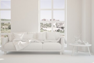 Stylish minimalist room with sofa in white color. Scandinavian interior design. 3D illustration