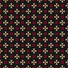Vector geometric ornament. Simple abstract floral seamless pattern. Luxury background in red, gold and black color. Vintage texture with golden crosses, flower silhouettes. Repeat design for decor