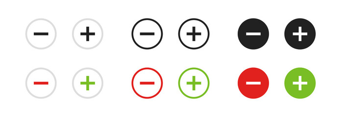 Plus and minus flat button. Set icon for web design, vector isolated - obrazy, fototapety, plakaty