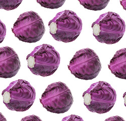 Whole red cabbages on white background. Pattern design