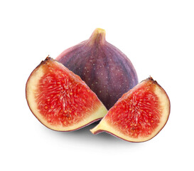 Cut and whole fresh figs on white background