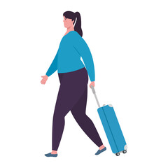 tourist woman walking with luggage on white background vector illustration design