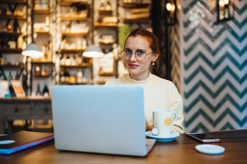 Freelance beautiful young woman using laptop in cafe