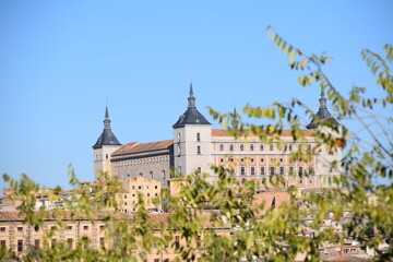 Hojas de árbol con fondo del Alcazar de Toledo
