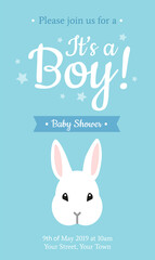 Cute Baby Shower invitation for Boy's birthday with little white bunny rabbit on blue background with stars. - Vector