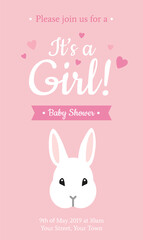 It's a Girl! Baby Shower party invitation template with cute white bunny and text on pink background. - Vector