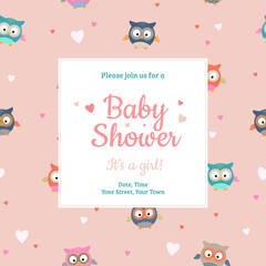 Baby Shower invitation design template. It's a girl card with little owls and hearts pattern on background. -  Vector illustration