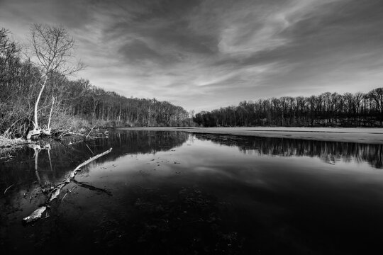 Winter lake sunsets in black and white. © Jared 