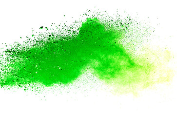 Green powder explosion on white background.