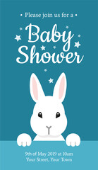 Baby Shower beautiful invitation design template with cute white bunny rabbit on dark blue background. It's a boy! - Vector illustration