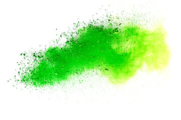 Green powder explosion on white background.