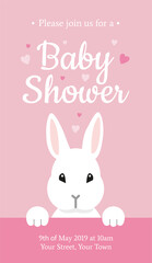 Obraz na płótnie Canvas Baby Shower beautiful invitation design template with cute white bunny rabbit on light pink background. It's a girl! - Vector illustration