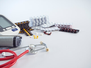 Stethoscope, blood pressure monitor and medicines