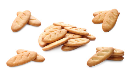 Set of tasty crispy crackers on white background