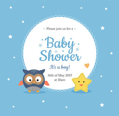 Cute Baby Shower invitation for Boy with little owl and smiling star toy, with text in circle on blue background with stars. - Vector