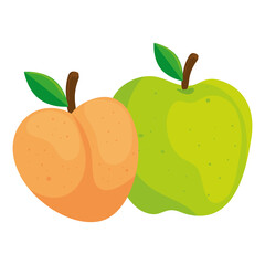 fresh fruits, peach and green apple, in white background vector illustration design