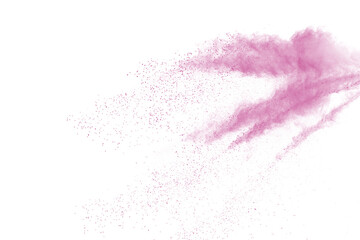Pink powder explosion on white background. Paint Holi.