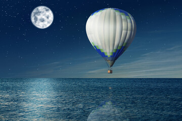 Fototapeta na wymiar Dream world. Hot air balloon in night sky with full moon over sea