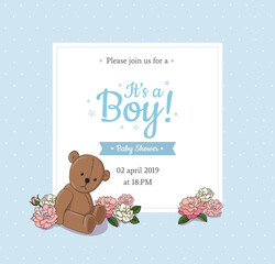 Baby Shower party vector invitation for Boy with Teddy bear and pale pink flowers on blue background near white frame with text