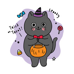 Cartoon cute Halloween day, Black cat trick or treat vector.