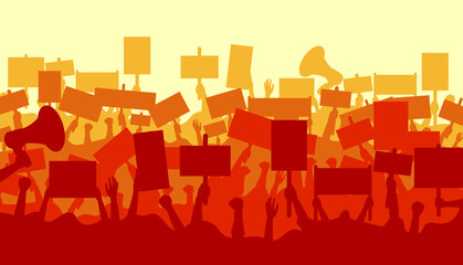 Silhouette of cheering or riot protesting crowd with banners. PPolitical protest with silhouette protesters hands holding megaphone, banners and flags. - obrazy, fototapety, plakaty