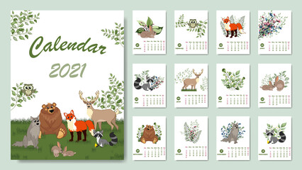 Forest calendar for 2021 year. Printable planner of 12 months with cute animals. Bear, fox, rabbit, wolf, deer, raccoo.  Cute forest animals.  Woodland characters. New Year