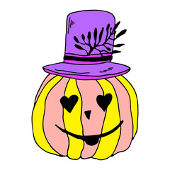 Halloween card with yellow pumpkin isolated on white background. Funny doodle art. Jack lantern in wizard hat and heart eyes. Vector illustration for card design and fall decoration.