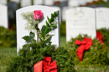 Tombstones and wreaths in Arlington National Cemetery, Washington DC
