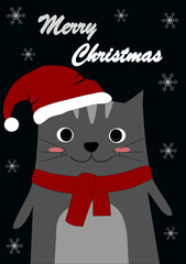 Merry Christmas card with flat gray cat