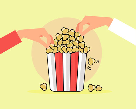 Hands picking bunket of popcorn. Cartoon vector style for your design 