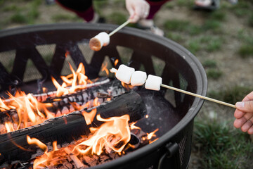 Close up of Marshmallows Roasting Over an Open Bonfire Pit, Community, Together Concept
