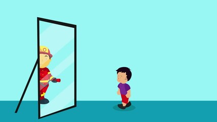 Little boy imagining himself grown up as fireman