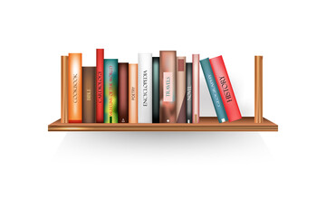 Bookshelf mockup with books and pot on white background.Brown shelves template.Vector illustration.
