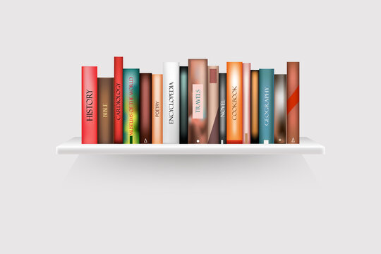 Bookshelf mockup with books and pot on white background.Brown shelves template.Vector illustration.
